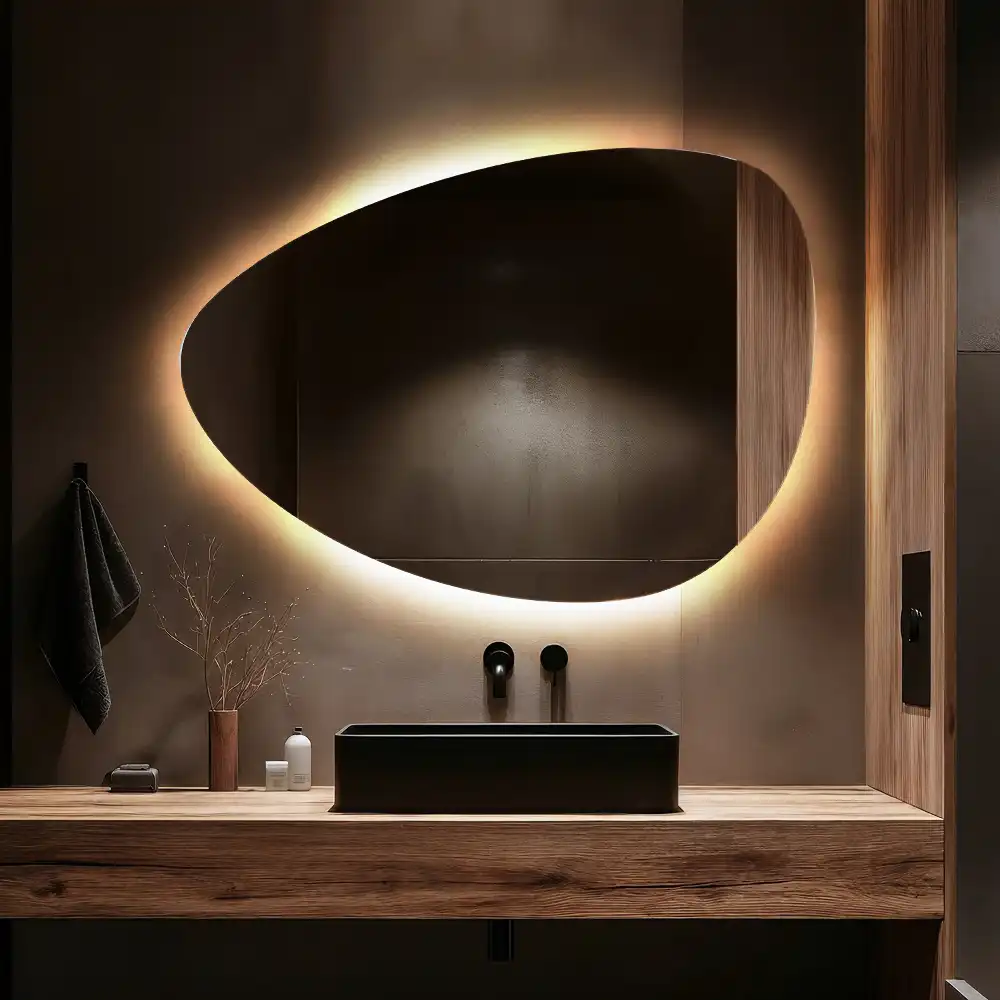 Espejo asimétrico con forma de huevo y retroiluminación LED de pared