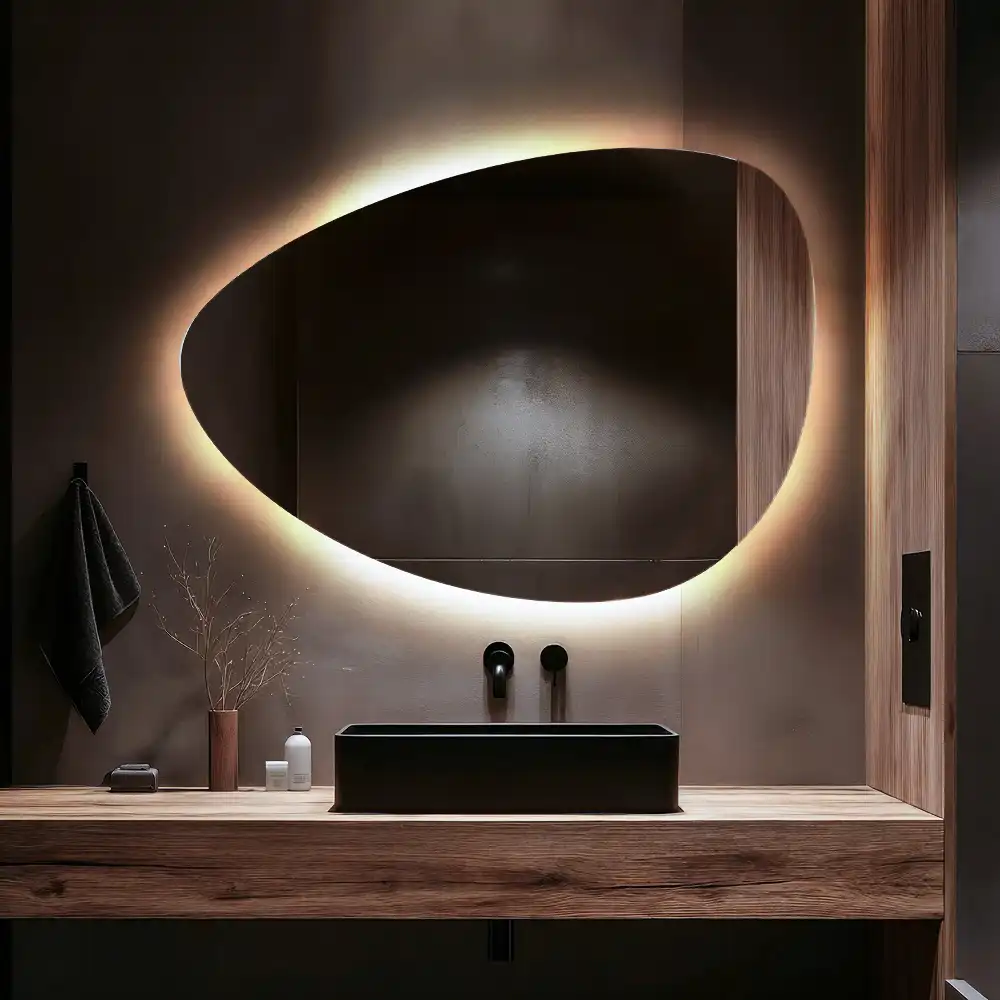 Espejo asimétrico con forma de huevo y retroiluminación LED de pared