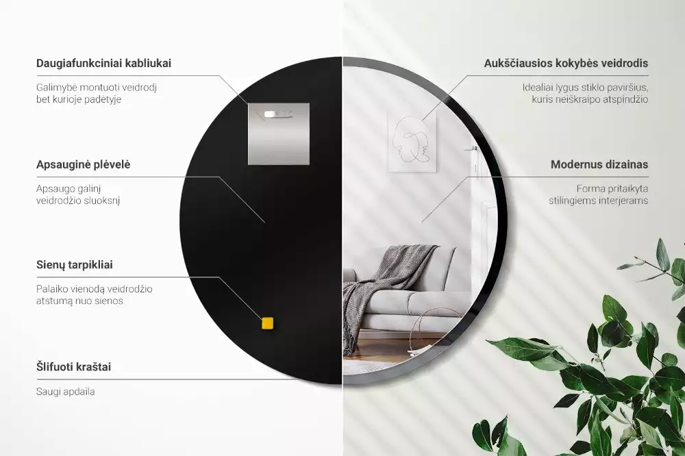 Espejo redondo de pared con marco negro