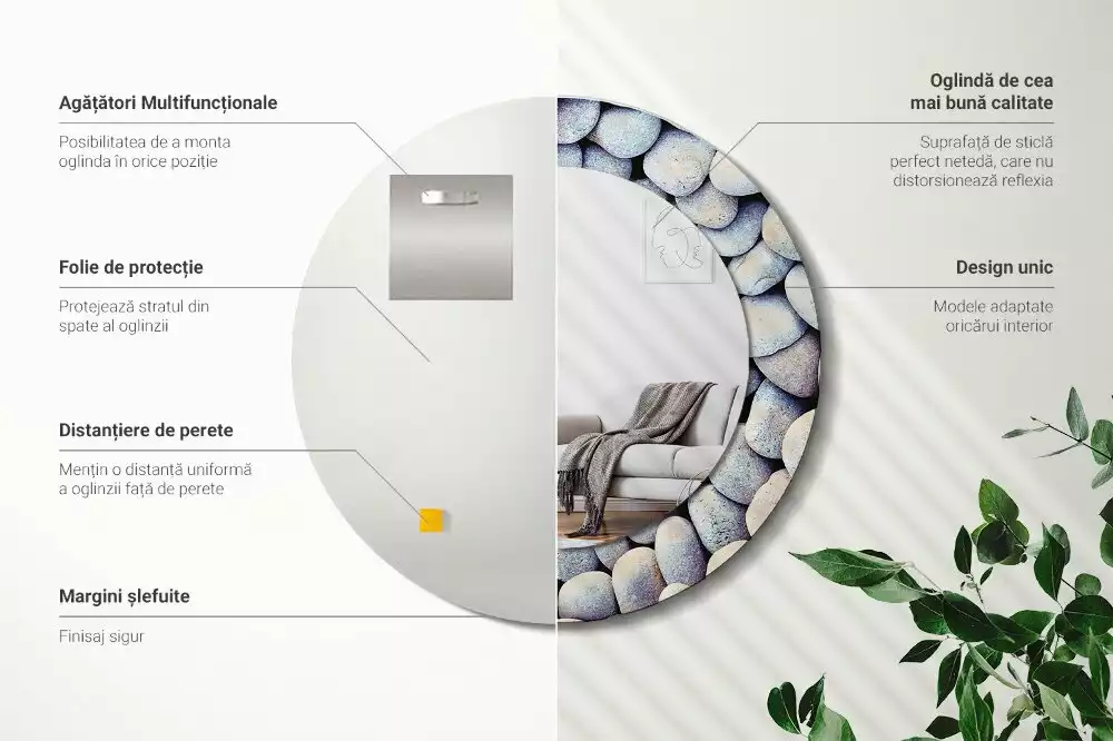 Espejo redondo con decoración Círculo de piedras marinas