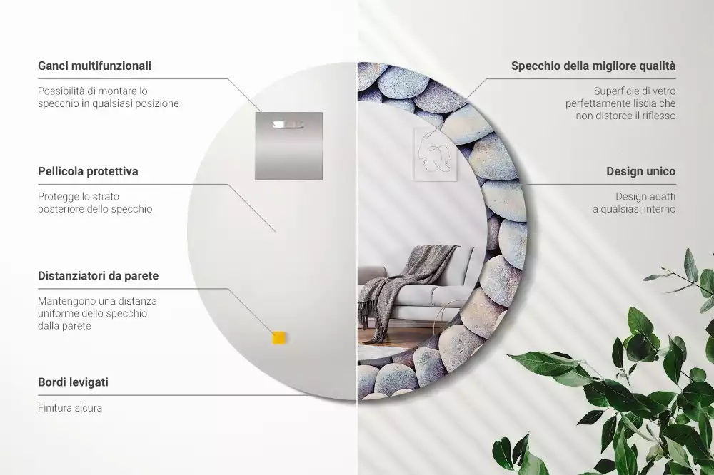 Espejo redondo con decoración Círculo de piedras marinas