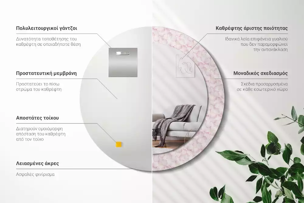 Espejo redondo impreso pétalos de flores