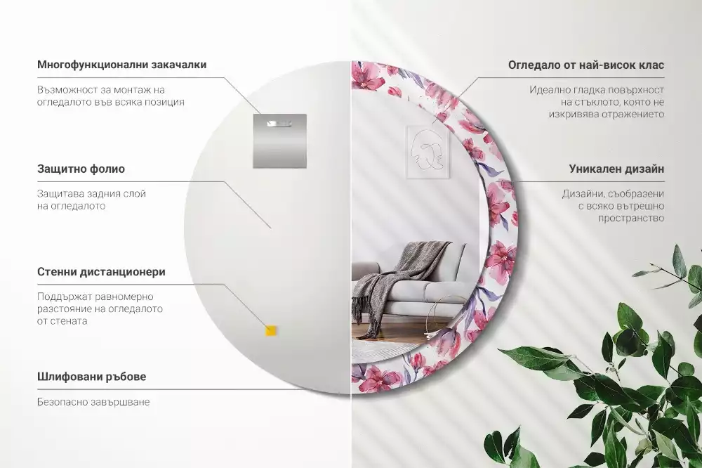 Espejo redondo estampado flores de acuarela