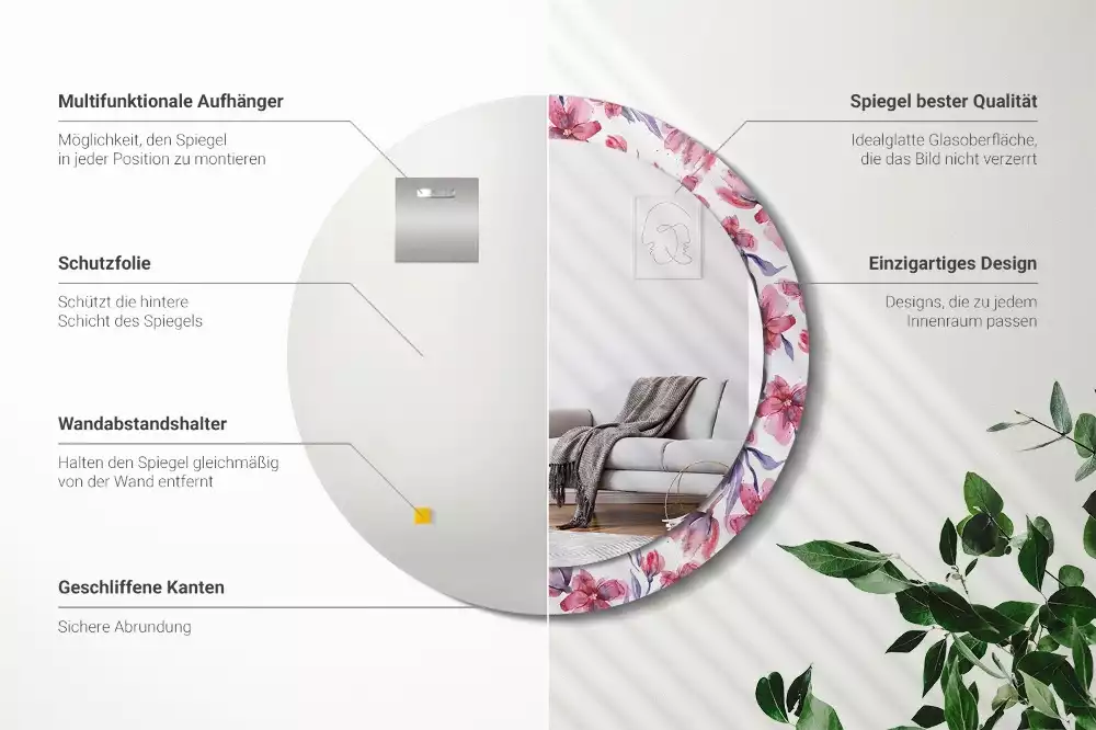 Espejo redondo estampado flores de acuarela