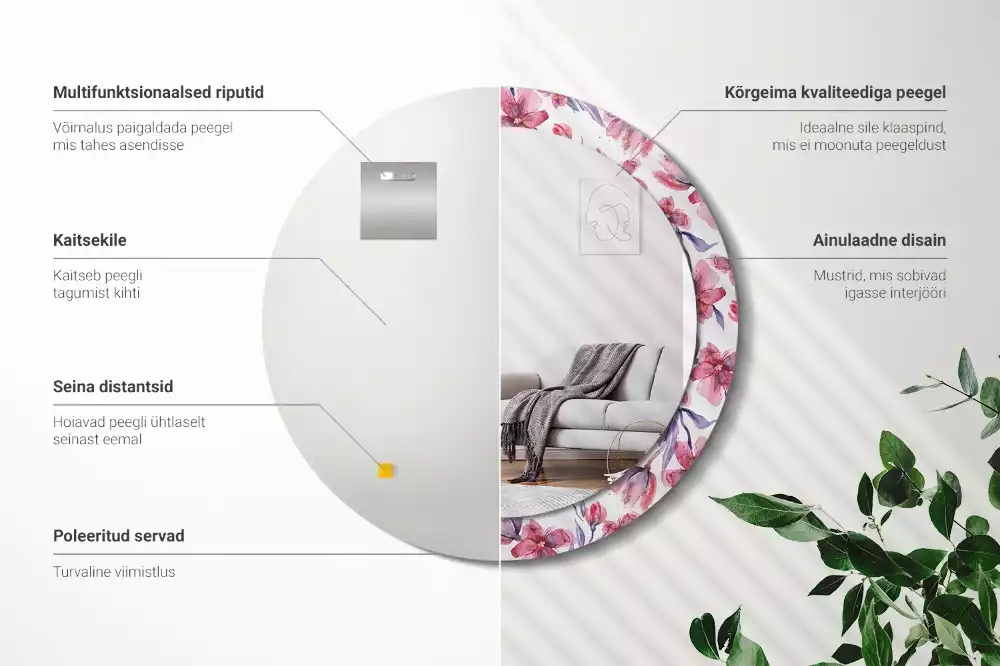 Espejo redondo estampado flores de acuarela