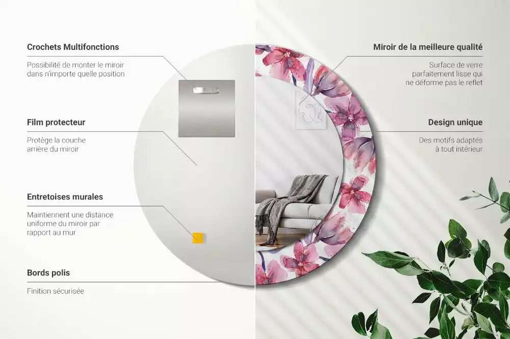 Espejo redondo estampado flores de acuarela