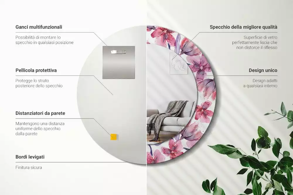 Espejo redondo estampado flores de acuarela