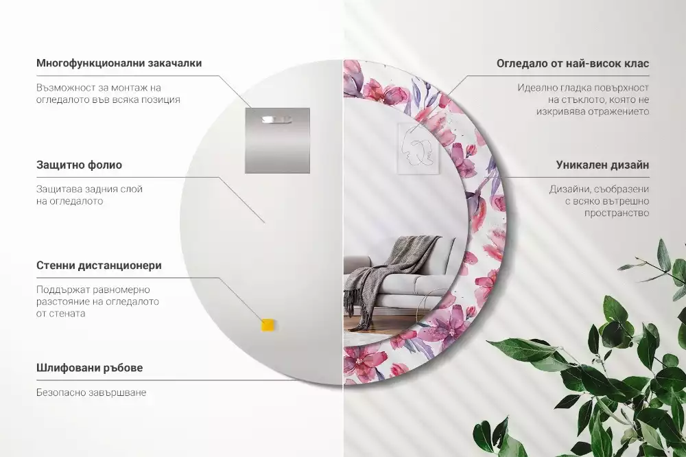 Espejo redondo estampado flores de acuarela