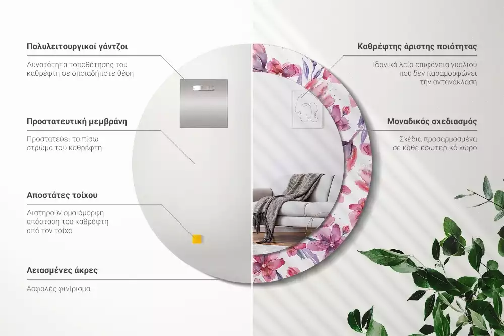 Espejo redondo estampado flores de acuarela