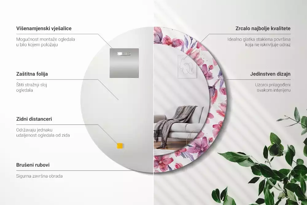 Espejo redondo estampado flores de acuarela