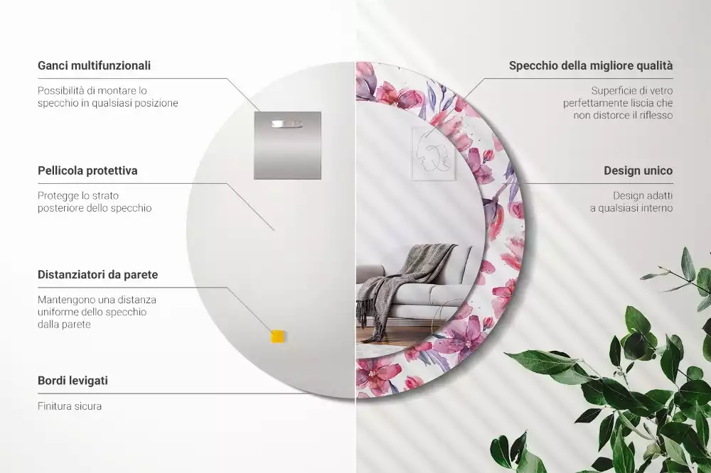 Espejo redondo estampado flores de acuarela