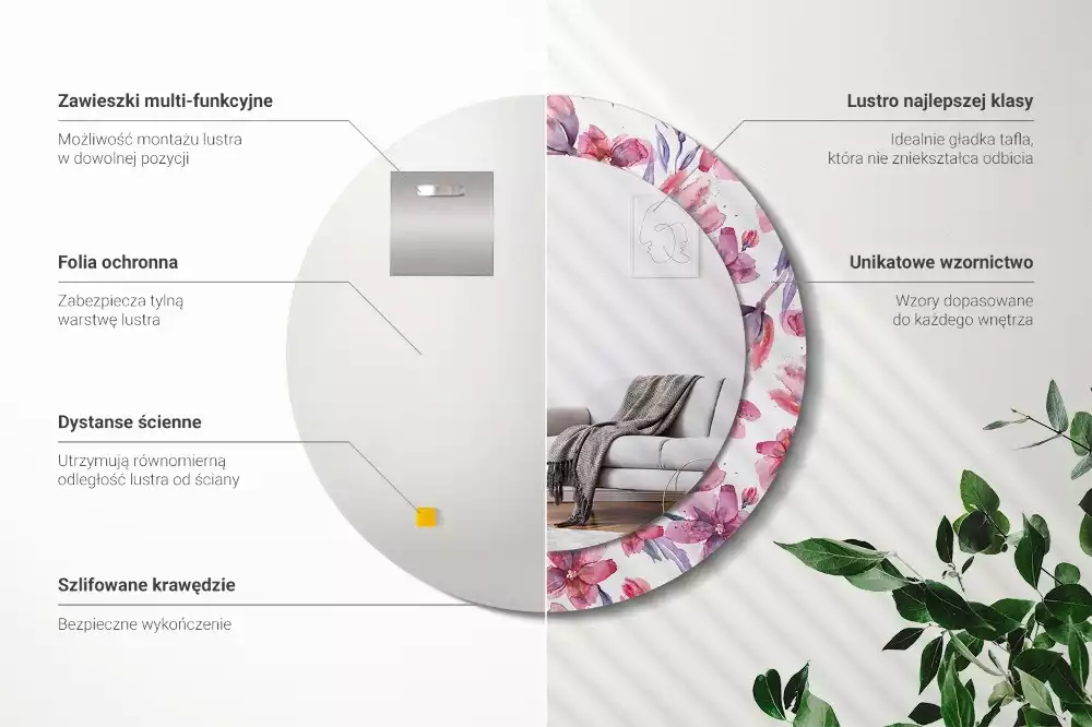 Espejo redondo estampado flores de acuarela