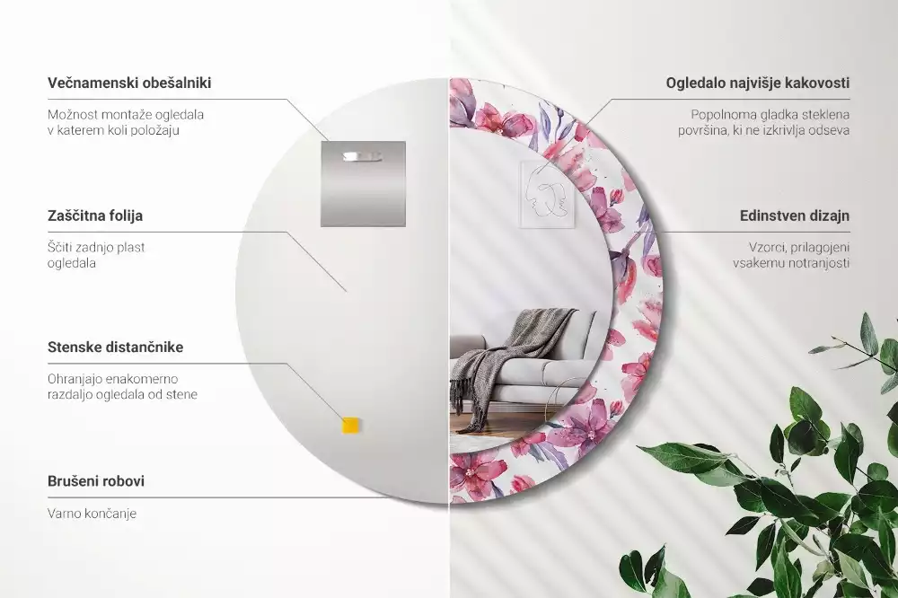 Espejo redondo estampado flores de acuarela