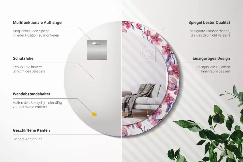 Espejo redondo estampado flores de acuarela