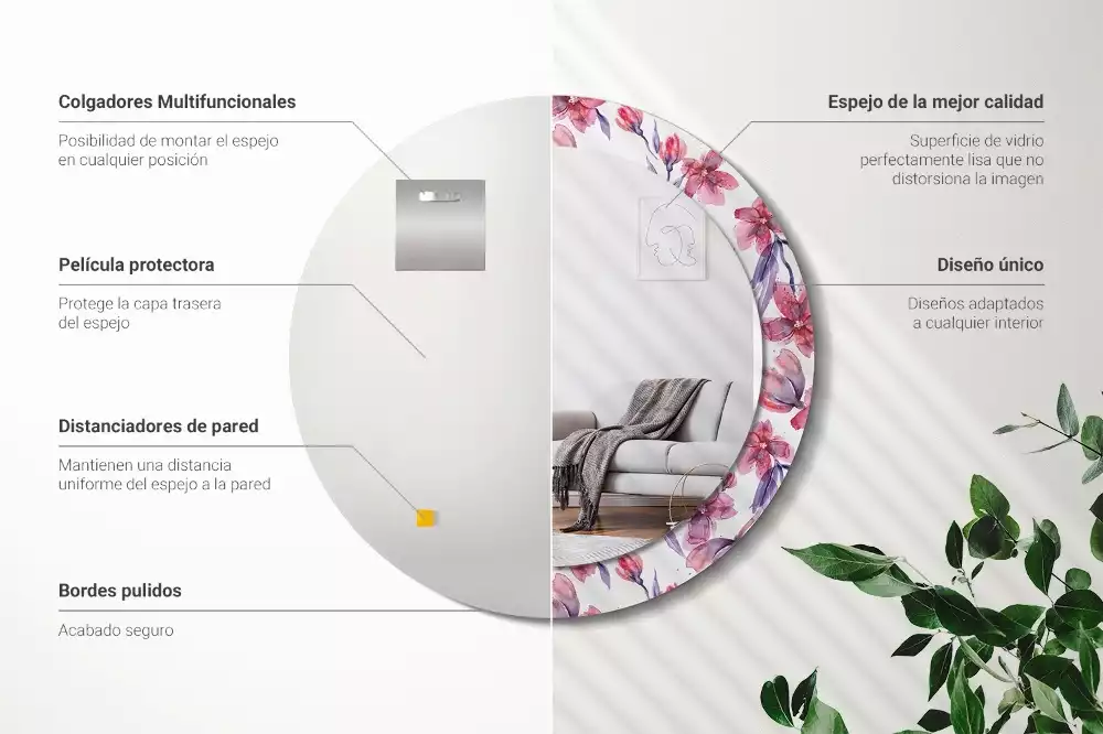 Espejo redondo estampado flores de acuarela