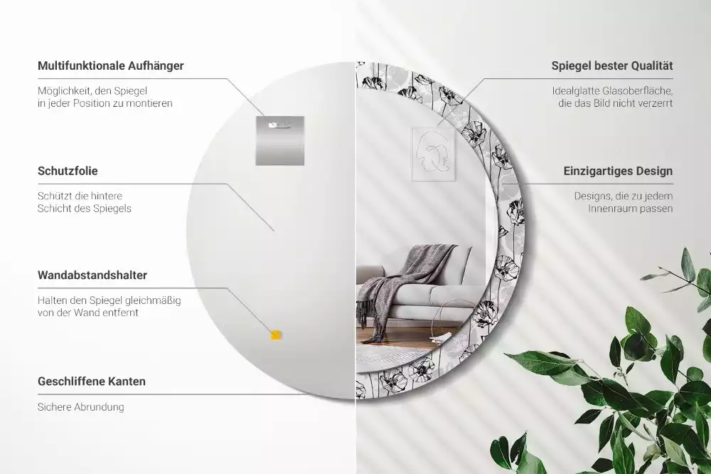 Espejo redondo impreso flores de amapola