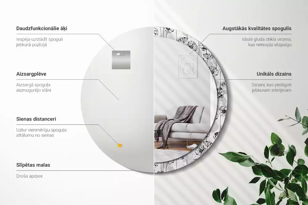 Espejo redondo impreso flores de amapola