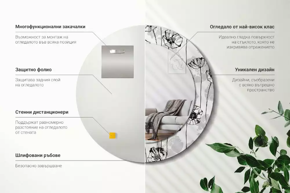 Espejo redondo impreso flores de amapola