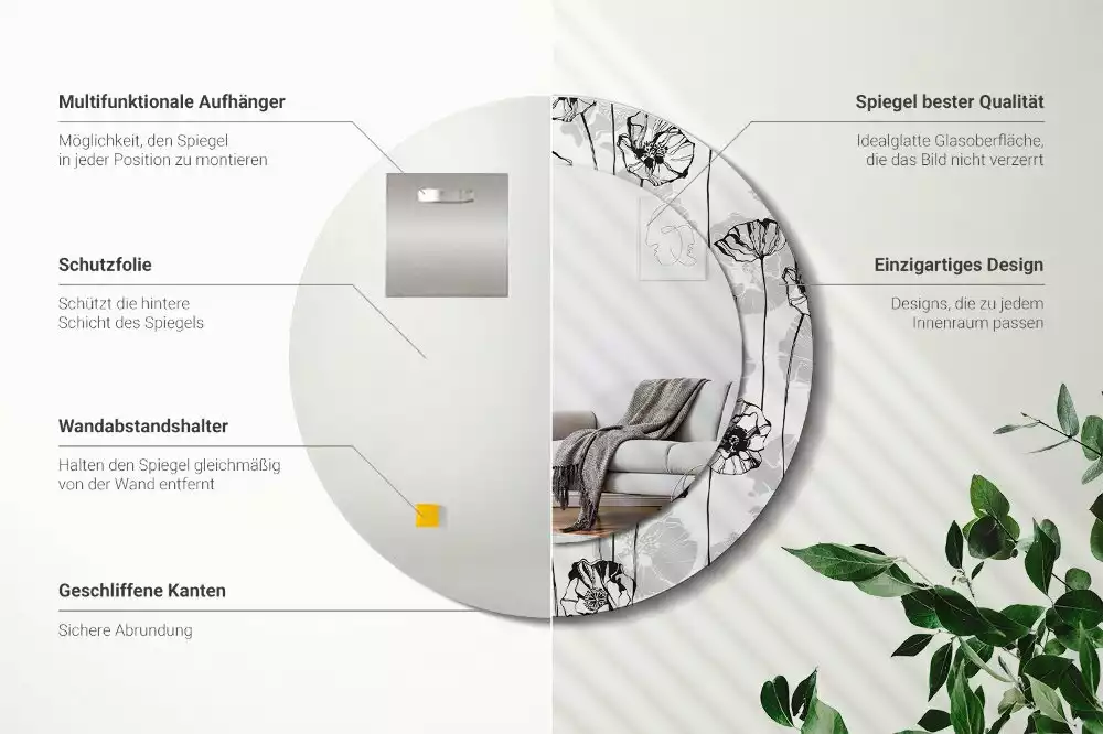 Espejo redondo impreso flores de amapola