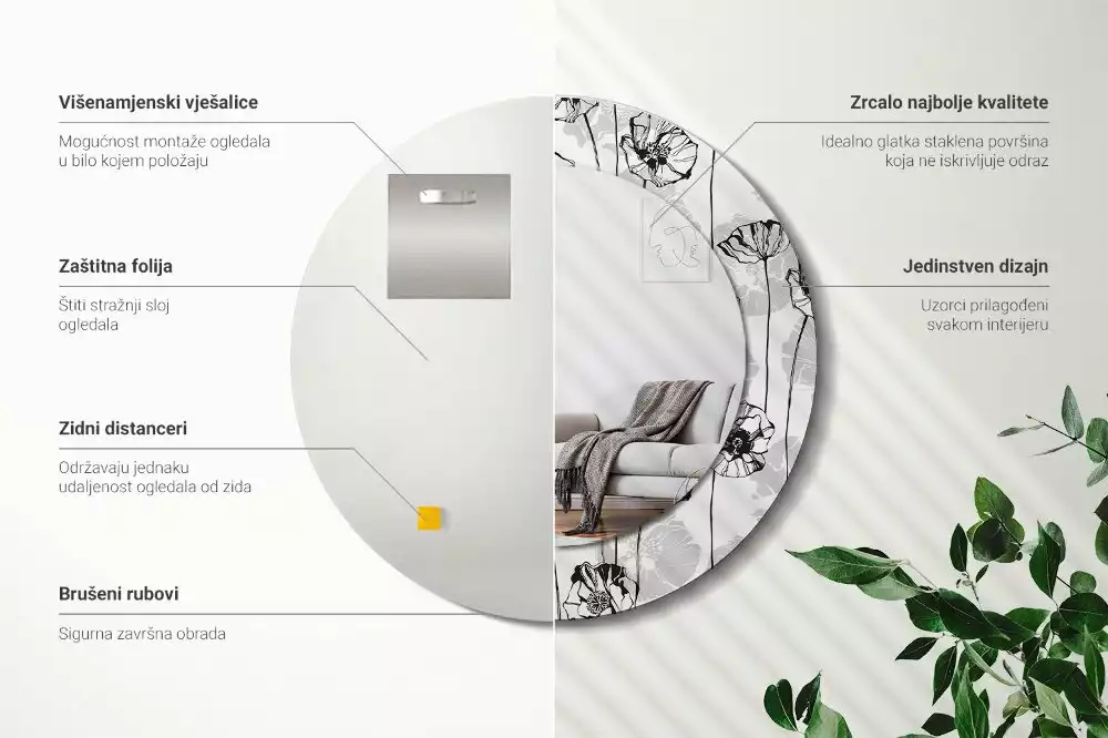 Espejo redondo impreso flores de amapola