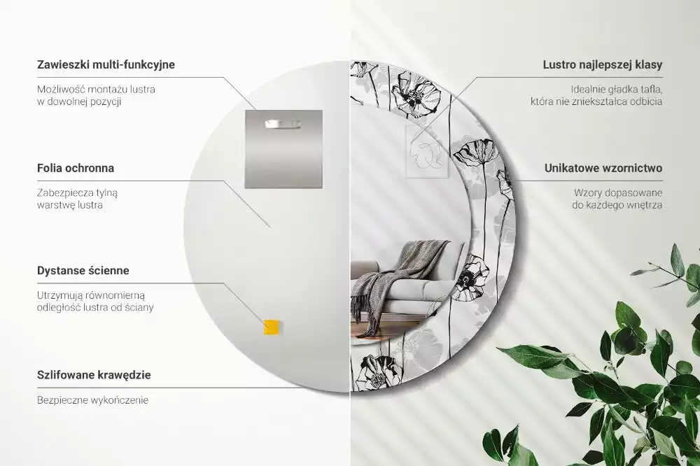 Espejo redondo impreso flores de amapola