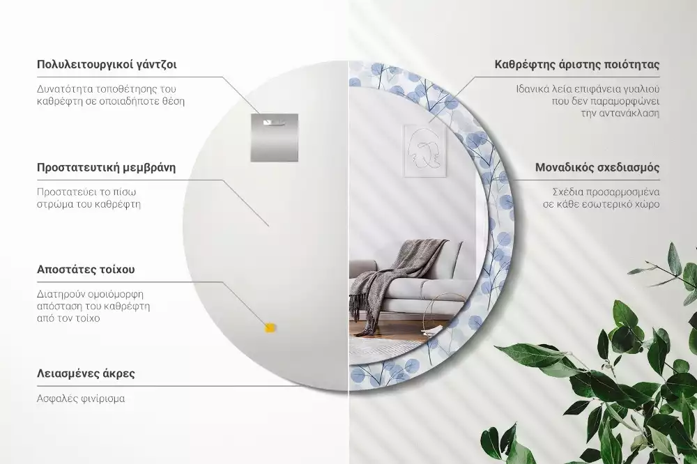 Espejo redondo estampado Ramas hojas