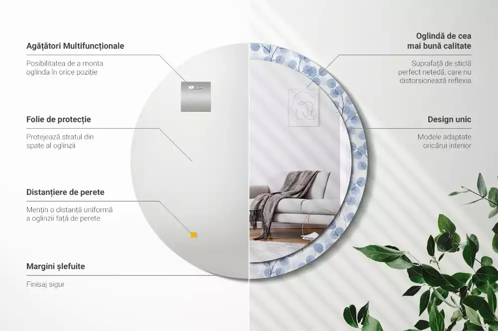 Espejo redondo estampado Ramas hojas