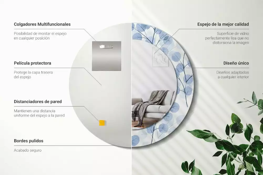 Espejo redondo estampado Ramas hojas