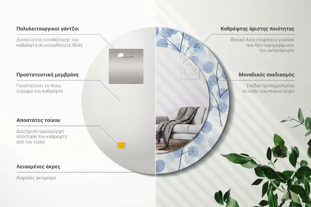 Espejo redondo estampado Ramas hojas