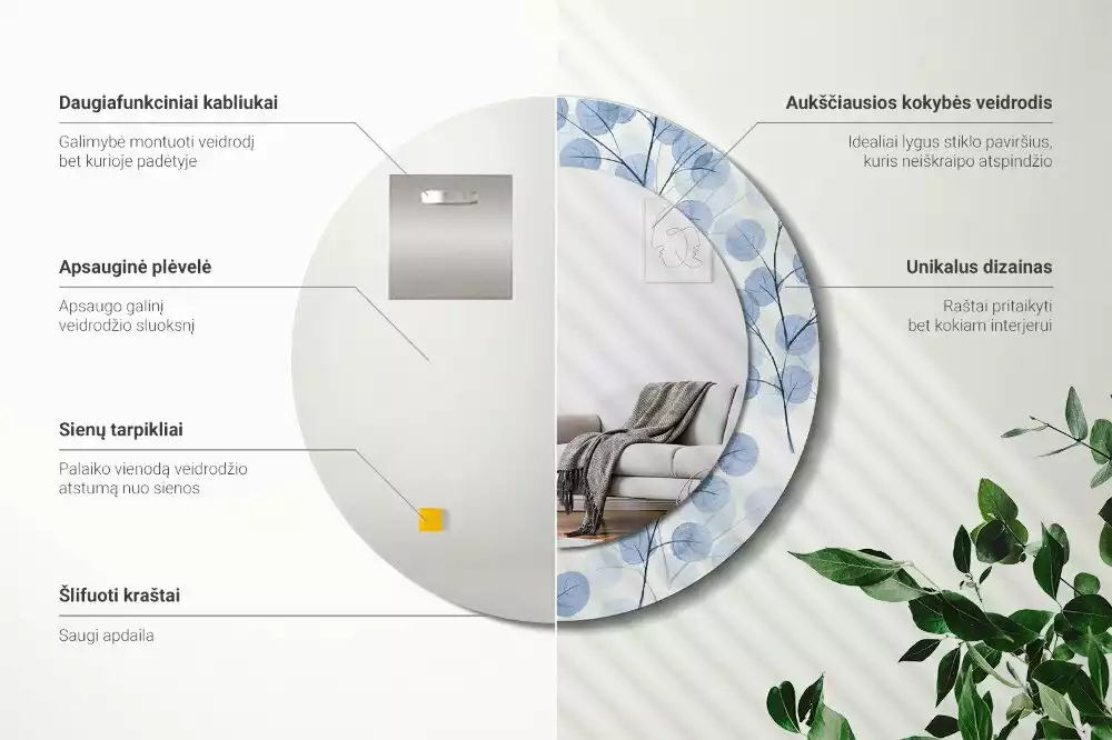 Espejo redondo estampado Ramas hojas