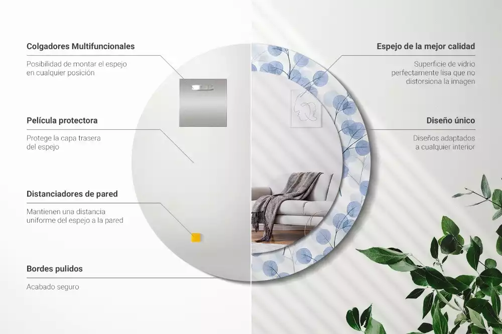 Espejo redondo estampado Ramas hojas