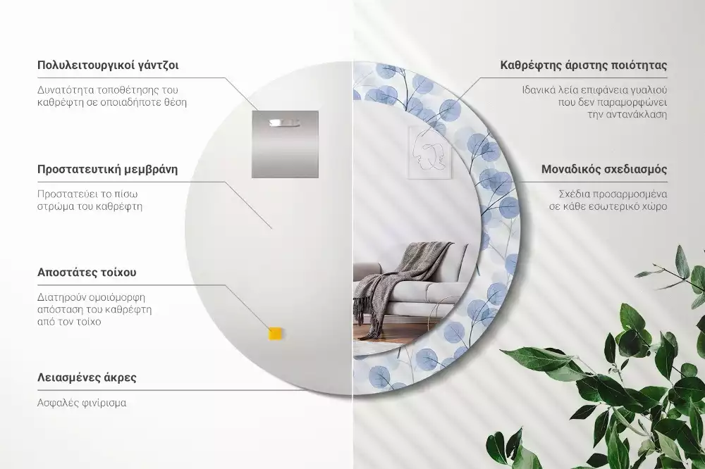 Espejo redondo estampado Ramas hojas