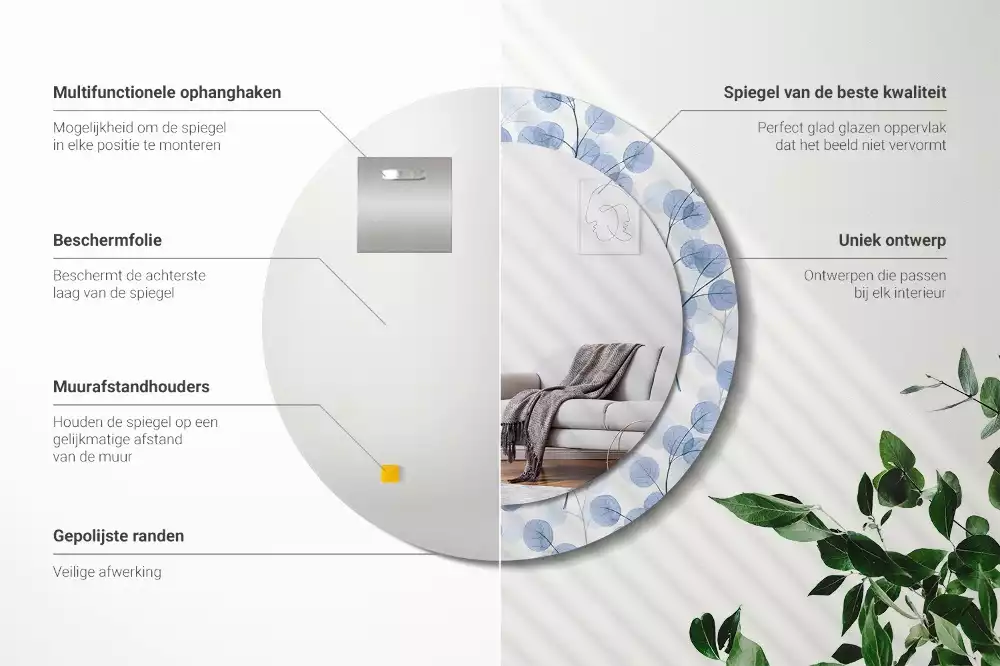 Espejo redondo estampado Ramas hojas