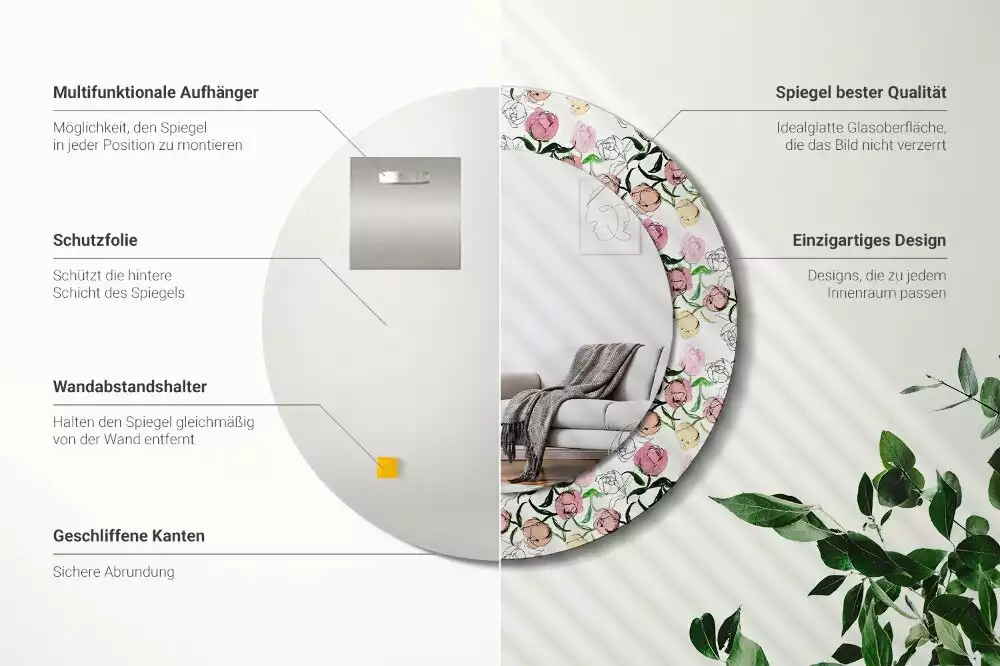 Espejo redondo con decoración capullos de peonía