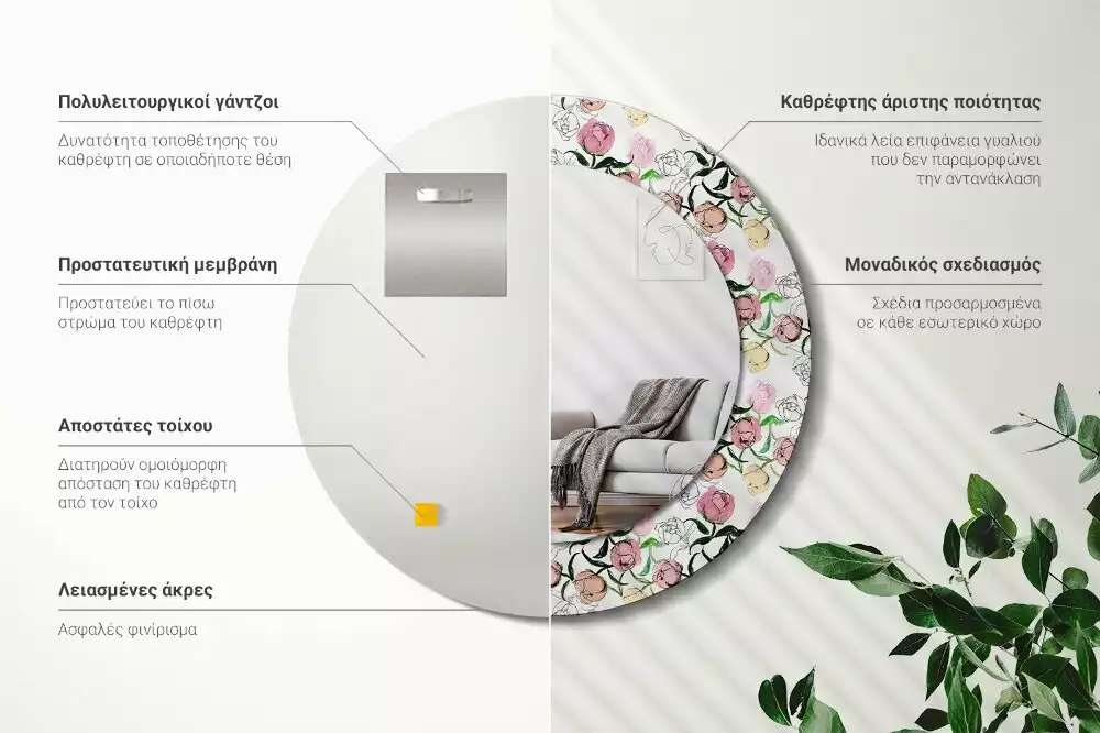 Espejo redondo con decoración capullos de peonía