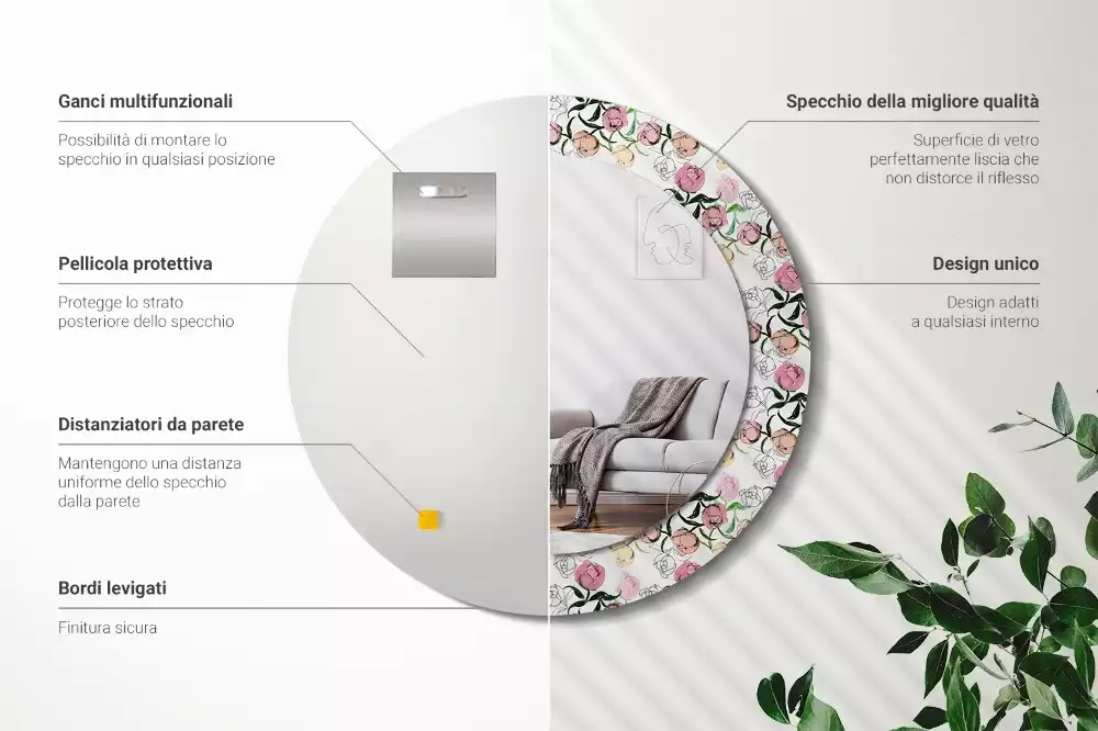 Espejo redondo con decoración capullos de peonía