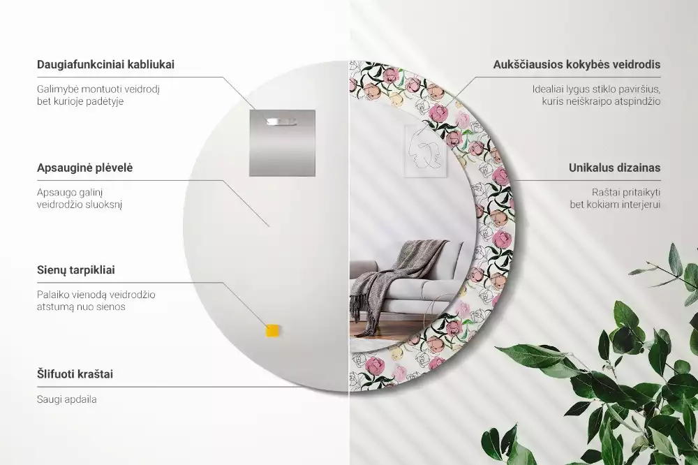 Espejo redondo con decoración capullos de peonía