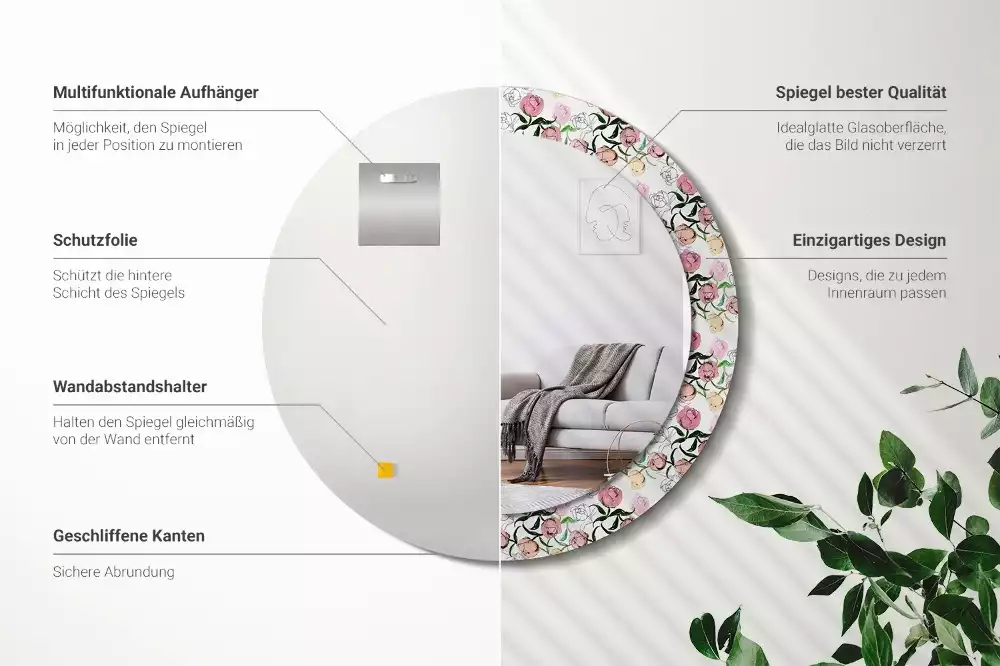 Espejo redondo con decoración capullos de peonía