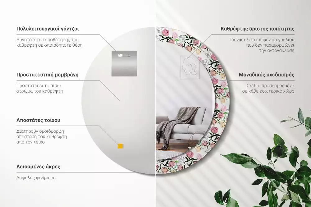 Espejo redondo con decoración capullos de peonía