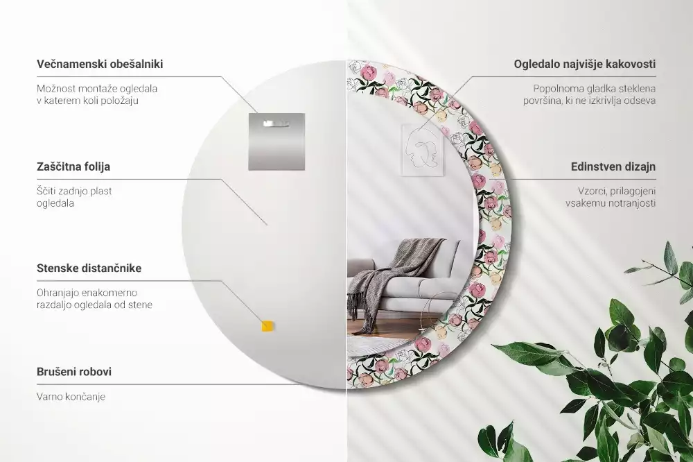 Espejo redondo con decoración capullos de peonía