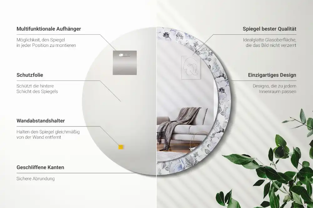 Espejo redondo impreso rosas azules