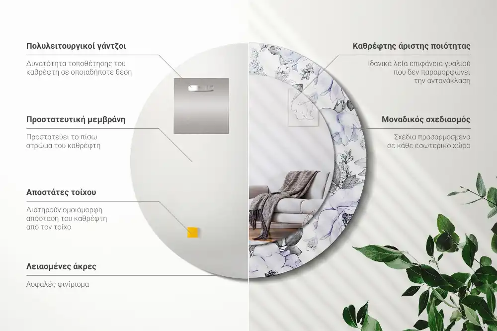 Espejo redondo impreso rosas azules