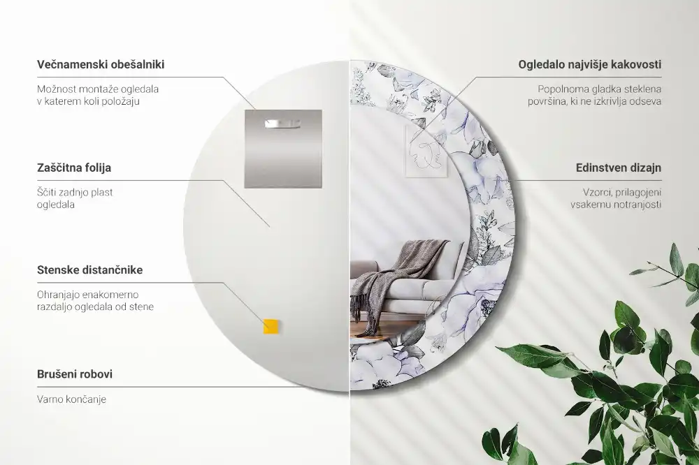 Espejo redondo impreso rosas azules