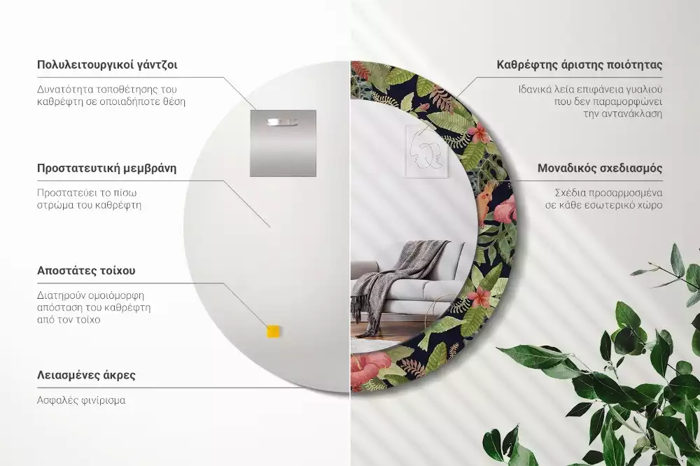 Espejo redondo con decoración flores de hibisco