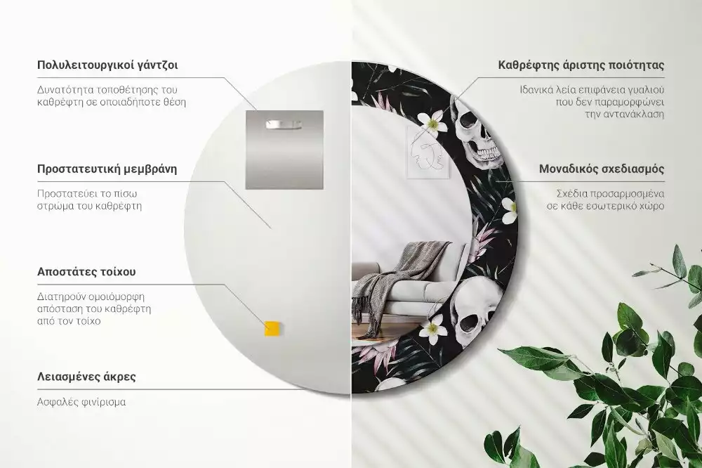 Espejo redondo con decoración Flores de calavera