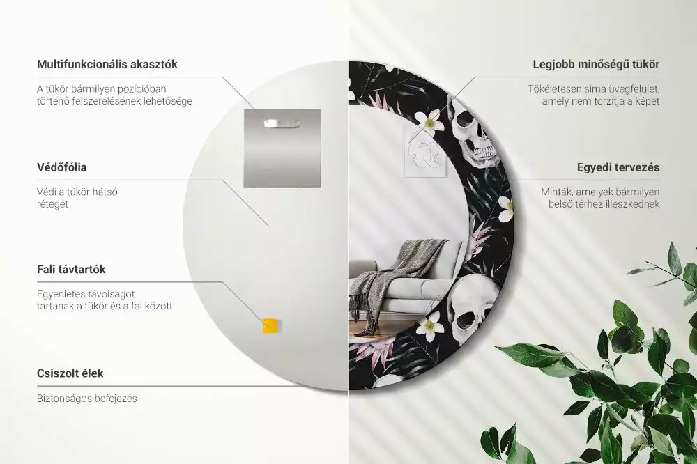 Espejo redondo con decoración Flores de calavera