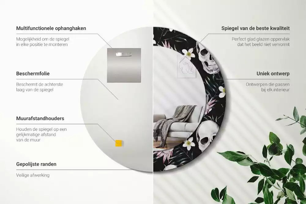 Espejo redondo con decoración Flores de calavera