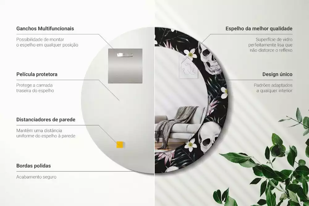 Espejo redondo con decoración Flores de calavera