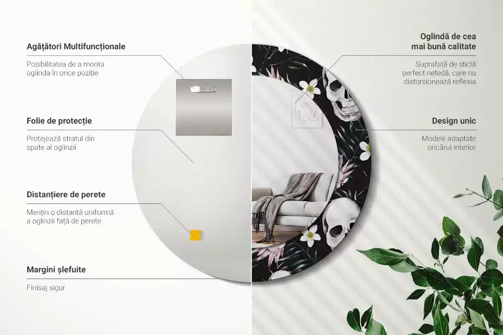 Espejo redondo con decoración Flores de calavera