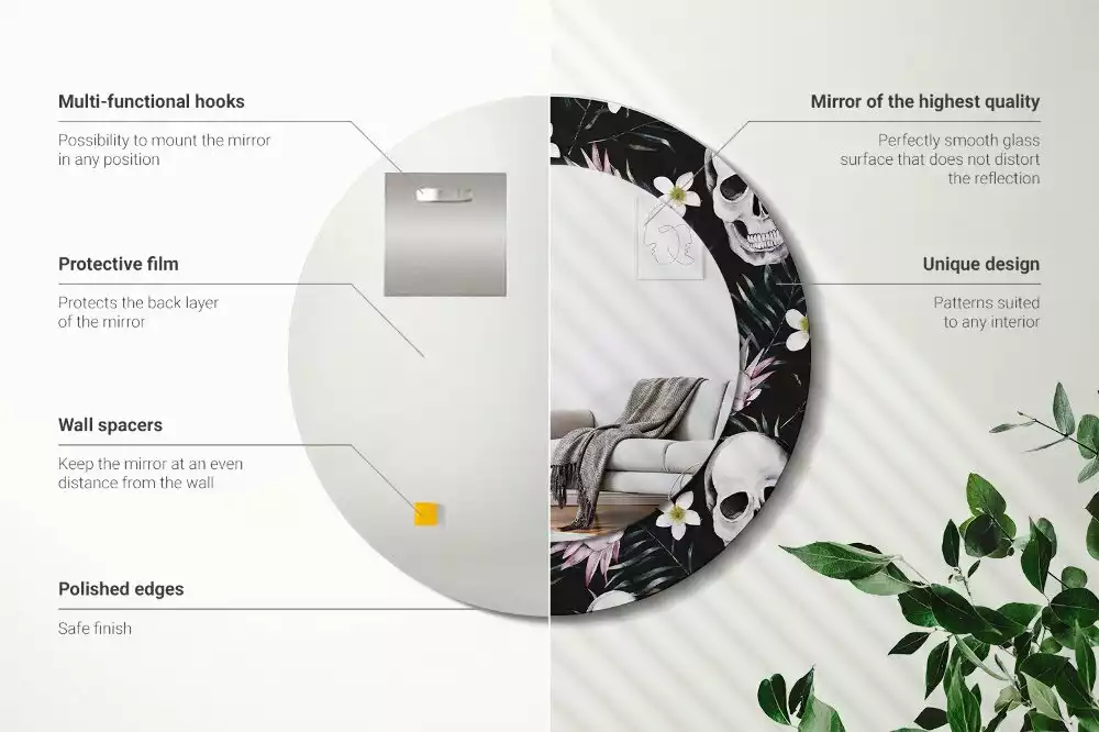 Espejo redondo con decoración Flores de calavera